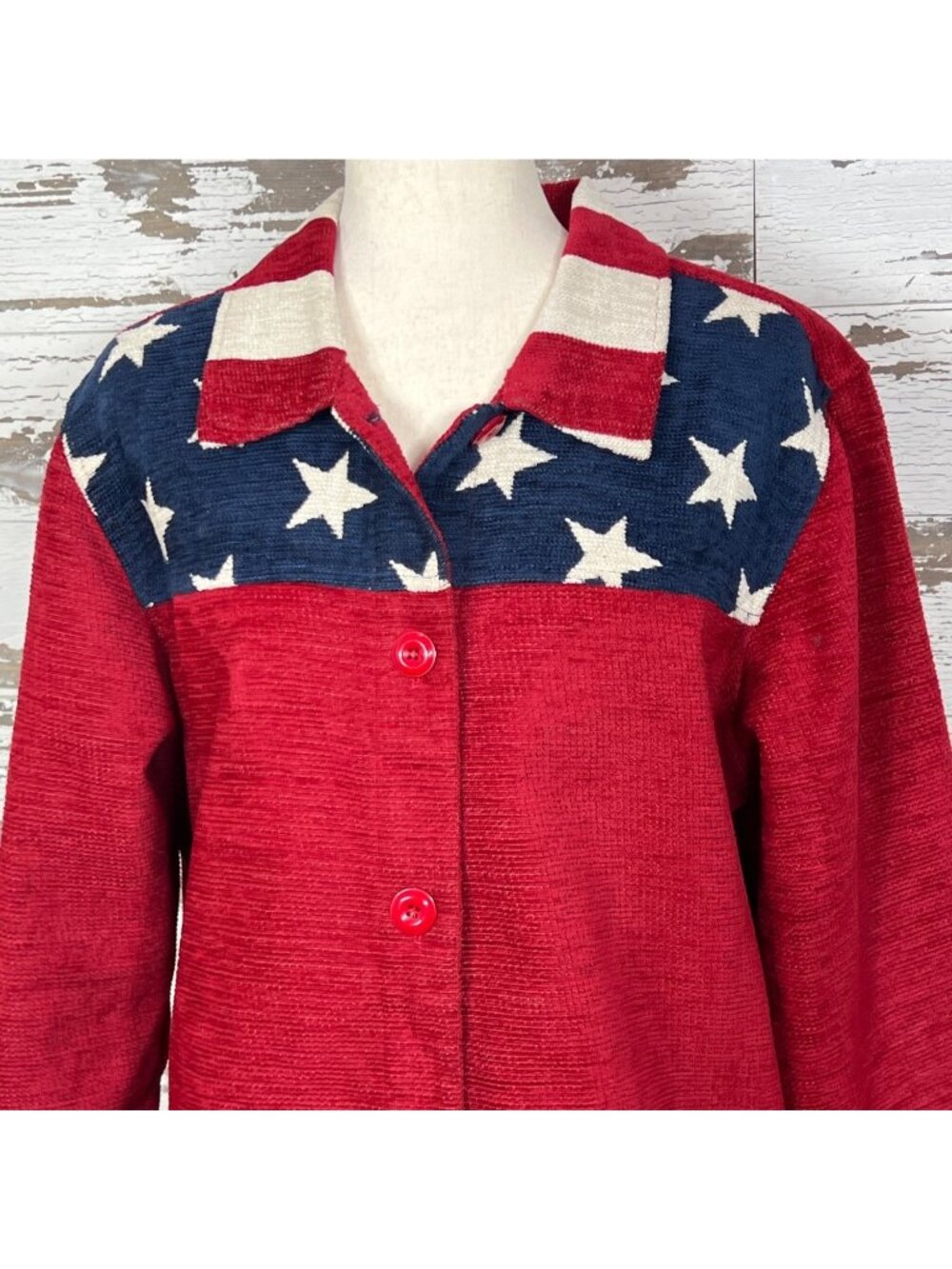 COLDWATER CREEK Stars & Stripes Chenille Jacket Red White & Blue Sz XL NWOT